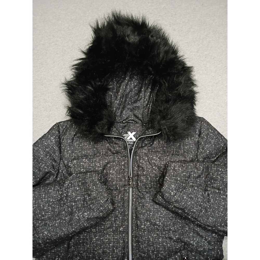 Women Puffer Jacket Faux Fur Hood Grey Speckled Large ZeroXposur Black Label